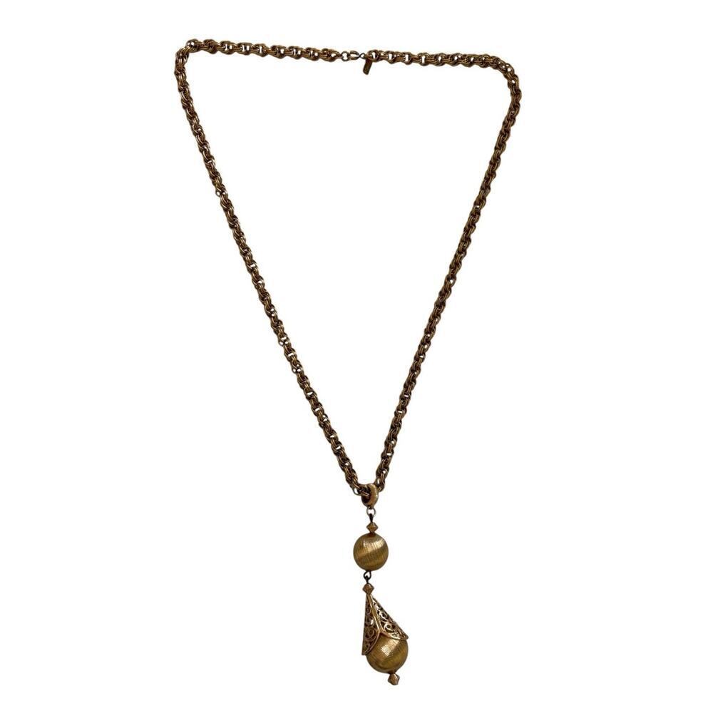 Monet 1961 Bolero Gold tone Lariat Chain Necklace 25”Ball pendant Vintage